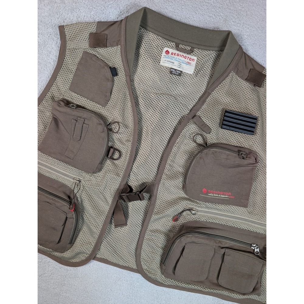 Redington Fly Fishing Vest Mesh Utility Pockets Khaki Brown Mens 2XL 3XL